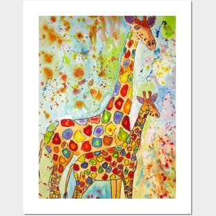 Colourful Mother and Baby Giraffes Posters and Art